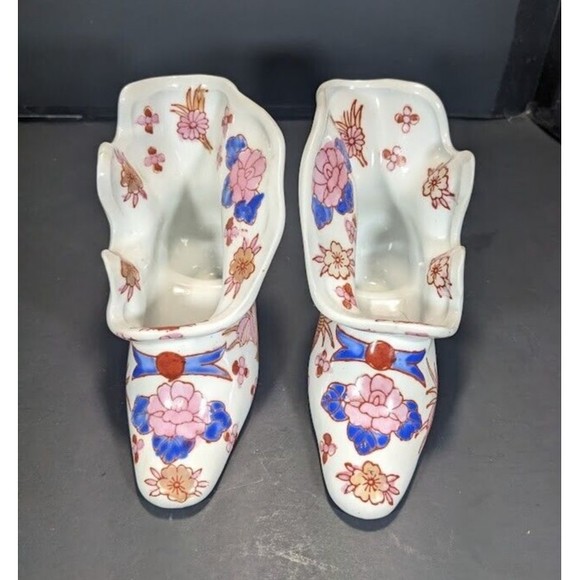 Unbranded Other - Vtg Set of 2 Porcelain Blue Pink Ruffle Victorian Style Shoe Boot Vase Planter
